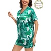 image:imageSWOMOG Matching Pajamas for Couples Satin Short Sleeve Sleepwear WomenMen Silk Soft Button Down Nightwear 2 Pcs LoungewearWhite Leaves