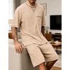 image:imageSWOMOG Mens Pajamas Set Summer Sleepwear Short Sleeve Pjs Set Soft 2 Piece Lounge Set Comfy Loungewear with PocketsKhaki