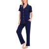 image:imageSWOMOG Women Pajama Sets TwoPiece Nightwear Short Sleeve Sleepwear Button Down Pj Lounge Sets with Long PantsNavy Blue