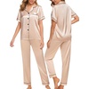 image:imageSWOMOG Women Satin Pajamas Set Short Sleeve Top amp Pants Sleepwear Silky Button Down Nightwear 2pcs Loungewear Pjs SetChampagne