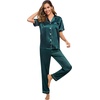 image:imageSWOMOG Women Satin Pajamas Set Short Sleeve Top amp Pants Sleepwear Silky Button Down Nightwear 2pcs Loungewear Pjs SetDeep Green