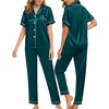 image:imageSWOMOG Women Satin Pajamas Set Short Sleeve Top amp Pants Sleepwear Silky Button Down Nightwear 2pcs Loungewear Pjs SetDeep Green