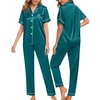 image:imageSWOMOG Women Satin Pajamas Set Short Sleeve Top amp Pants Sleepwear Silky Button Down Nightwear 2pcs Loungewear Pjs SetGreen
