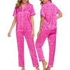 image:imageSWOMOG Women Satin Pajamas Set Short Sleeve Top amp Pants Sleepwear Silky Button Down Nightwear 2pcs Loungewear Pjs SetHot Pink Leopard