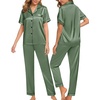 image:imageSWOMOG Women Satin Pajamas Set Short Sleeve Top amp Pants Sleepwear Silky Button Down Nightwear 2pcs Loungewear Pjs SetMatcha