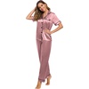 image:imageSWOMOG Women Satin Pajamas Set Short Sleeve Top amp Pants Sleepwear Silky Button Down Nightwear 2pcs Loungewear Pjs SetMisty Rose