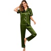 image:imageSWOMOG Women Satin Pajamas Set Short Sleeve Top amp Pants Sleepwear Silky Button Down Nightwear 2pcs Loungewear Pjs SetOlive Green