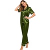 image:imageSWOMOG Women Satin Pajamas Set Short Sleeve Top amp Pants Sleepwear Silky Button Down Nightwear 2pcs Loungewear Pjs SetOlive Green