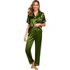 image:imageSWOMOG Women Satin Pajamas Set Short Sleeve Top amp Pants Sleepwear Silky Button Down Nightwear 2pcs Loungewear Pjs SetOlive Green