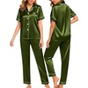 image:imageSWOMOG Women Satin Pajamas Set Short Sleeve Top amp Pants Sleepwear Silky Button Down Nightwear 2pcs Loungewear Pjs SetOlive Green