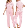 image:imageSWOMOG Women Satin Pajamas Set Short Sleeve Top amp Pants Sleepwear Silky Button Down Nightwear 2pcs Loungewear Pjs SetPink