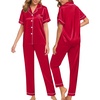 image:imageSWOMOG Women Satin Pajamas Set Short Sleeve Top amp Pants Sleepwear Silky Button Down Nightwear 2pcs Loungewear Pjs SetRed