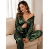 image:imageSWOMOG Womens Silk Satin Pajamas Set Long Sleeve Button Down Sleepwear 2 Piece Lounge Set Pj Set XS3XLArmy Green