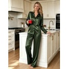 image:imageSWOMOG Womens Silk Satin Pajamas Set Long Sleeve Button Down Sleepwear 2 Piece Lounge Set Pj Set XS3XLArmy Green
