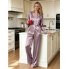 image:imageSWOMOG Womens Silk Satin Pajamas Set Long Sleeve Button Down Sleepwear 2 Piece Lounge Set Pj Set XS3XLChestnut