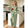 image:imageSWOMOG Womens Silk Satin Pajamas Set Long Sleeve Button Down Sleepwear 2 Piece Lounge Set Pj Set XS3XLMatcha