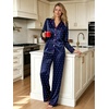 image:imageSWOMOG Womens Silk Satin Pajamas Set Long Sleeve Button Down Sleepwear 2 Piece Lounge Set Pj Set XS3XLNavy Blue Dots