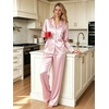 image:imageSWOMOG Womens Silk Satin Pajamas Set Long Sleeve Button Down Sleepwear 2 Piece Lounge Set Pj Set XS3XLPink One