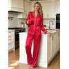image:imageSWOMOG Womens Silk Satin Pajamas Set Long Sleeve Button Down Sleepwear 2 Piece Lounge Set Pj Set XS3XLRed Apple