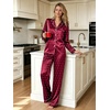 image:imageSWOMOG Womens Silk Satin Pajamas Set Long Sleeve Button Down Sleepwear 2 Piece Lounge Set Pj Set XS3XLWine Red Dots