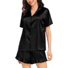 image:imageSWOMOG Womens Silk Satin Pajamas Set Short Sleeve Button Down Sleepwear Ruffle Hem Shorts PJ Sets TwoPiece LoungewearAblack
