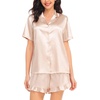 image:imageSWOMOG Womens Silk Satin Pajamas Set Short Sleeve Button Down Sleepwear Ruffle Hem Shorts PJ Sets TwoPiece LoungewearAchampagne