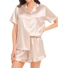 image:imageSWOMOG Womens Silk Satin Pajamas Set Short Sleeve Button Down Sleepwear Ruffle Hem Shorts PJ Sets TwoPiece LoungewearAchampagne