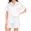 image:imageSWOMOG Womens Silk Satin Pajamas Set Short Sleeve Button Down Sleepwear Ruffle Hem Shorts PJ Sets TwoPiece LoungewearAwhite