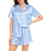image:imageSWOMOG Womens Silk Satin Pajamas Set Short Sleeve Button Down Sleepwear Ruffle Hem Shorts PJ Sets TwoPiece LoungewearBlue Striped