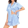 image:imageSWOMOG Womens Silk Satin Pajamas Set Short Sleeve Button Down Sleepwear Ruffle Hem Shorts PJ Sets TwoPiece LoungewearBlue Striped