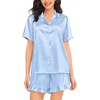 image:imageSWOMOG Womens Silk Satin Pajamas Set Short Sleeve Button Down Sleepwear Ruffle Hem Shorts PJ Sets TwoPiece LoungewearBlue Striped