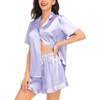 image:imageSWOMOG Womens Silk Satin Pajamas Set Short Sleeve Button Down Sleepwear Ruffle Hem Shorts PJ Sets TwoPiece LoungewearLavender