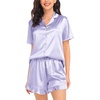 image:imageSWOMOG Womens Silk Satin Pajamas Set Short Sleeve Button Down Sleepwear Ruffle Hem Shorts PJ Sets TwoPiece LoungewearLavender