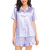 image:imageSWOMOG Womens Silk Satin Pajamas Set Short Sleeve Button Down Sleepwear Ruffle Hem Shorts PJ Sets TwoPiece LoungewearLavender