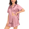 image:imageSWOMOG Womens Silk Satin Pajamas Set Short Sleeve Button Down Sleepwear Ruffle Hem Shorts PJ Sets TwoPiece LoungewearMisty Rose