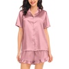 image:imageSWOMOG Womens Silk Satin Pajamas Set Short Sleeve Button Down Sleepwear Ruffle Hem Shorts PJ Sets TwoPiece LoungewearMisty Rose