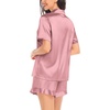image:imageSWOMOG Womens Silk Satin Pajamas Set Short Sleeve Button Down Sleepwear Ruffle Hem Shorts PJ Sets TwoPiece LoungewearMisty Rose