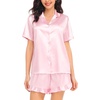 image:imageSWOMOG Womens Silk Satin Pajamas Set Short Sleeve Button Down Sleepwear Ruffle Hem Shorts PJ Sets TwoPiece LoungewearPink