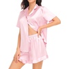 image:imageSWOMOG Womens Silk Satin Pajamas Set Short Sleeve Button Down Sleepwear Ruffle Hem Shorts PJ Sets TwoPiece LoungewearPink