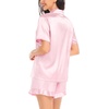 image:imageSWOMOG Womens Silk Satin Pajamas Set Short Sleeve Button Down Sleepwear Ruffle Hem Shorts PJ Sets TwoPiece LoungewearPink
