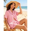 image:imageSWOMOG Womens Silk Satin Pajamas Set Short Sleeve Button Down Sleepwear Ruffle Hem Shorts PJ Sets TwoPiece LoungewearPink Striped