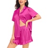 image:imageSWOMOG Womens Silk Satin Pajamas Set Short Sleeve Button Down Sleepwear Ruffle Hem Shorts PJ Sets TwoPiece LoungewearRose Red