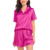 image:imageSWOMOG Womens Silk Satin Pajamas Set Short Sleeve Button Down Sleepwear Ruffle Hem Shorts PJ Sets TwoPiece LoungewearRose Red
