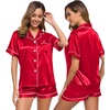 image:imageSWOMOG Womens Silk Satin Pajamas Set Short Sleeve Sleepwear Button Down Top and Shorts Loungewear 2 Piece Pjs Set XS3XLApple Red