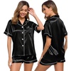 image:imageSWOMOG Womens Silk Satin Pajamas Set Short Sleeve Sleepwear Button Down Top and Shorts Loungewear 2 Piece Pjs Set XS3XLBlack