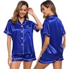 image:imageSWOMOG Womens Silk Satin Pajamas Set Short Sleeve Sleepwear Button Down Top and Shorts Loungewear 2 Piece Pjs Set XS3XLBlue