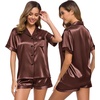 image:imageSWOMOG Womens Silk Satin Pajamas Set Short Sleeve Sleepwear Button Down Top and Shorts Loungewear 2 Piece Pjs Set XS3XLBrown