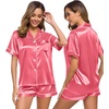 image:imageSWOMOG Womens Silk Satin Pajamas Set Short Sleeve Sleepwear Button Down Top and Shorts Loungewear 2 Piece Pjs Set XS3XLCoral Red