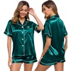 image:imageSWOMOG Womens Silk Satin Pajamas Set Short Sleeve Sleepwear Button Down Top and Shorts Loungewear 2 Piece Pjs Set XS3XLDeep Green With White Piping