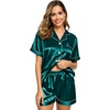 image:imageSWOMOG Womens Silk Satin Pajamas Set Short Sleeve Sleepwear Button Down Top and Shorts Loungewear 2 Piece Pjs Set XS3XLDeep Green With White Piping